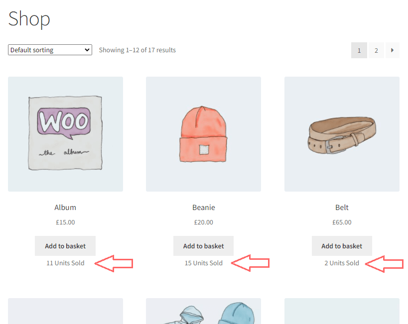 WooCommerce archive showing the number of product units sold