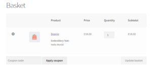 WooCommerce Cart Page showing custom product text