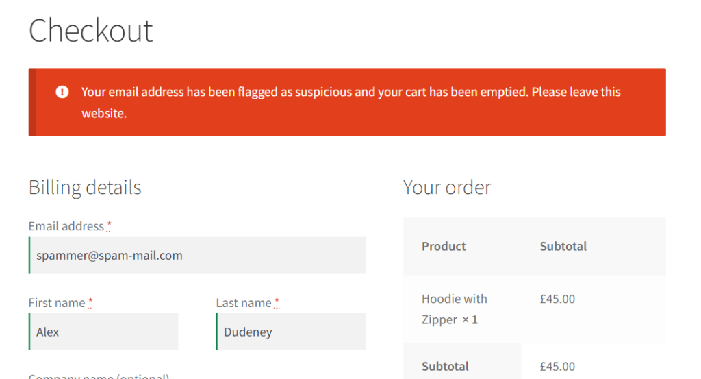 WooCommerce checkout error because of email address