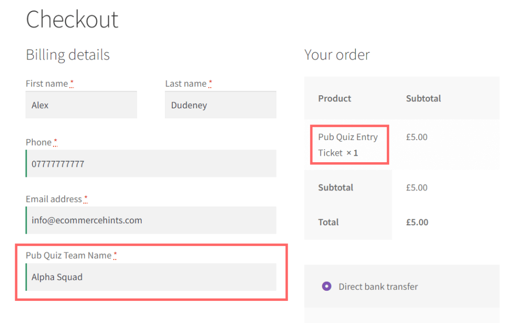 WooCommerce checkout showing custom conditional field
