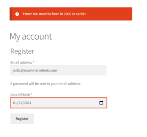 WooCommerce custom date field on registration form showing an error when the user is not old enough to register