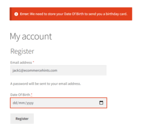 WooCommerce custom date field on registration form showing an error when the date is not entered