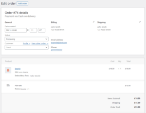 WooCommerce Order editor showing product custom text as order meta
