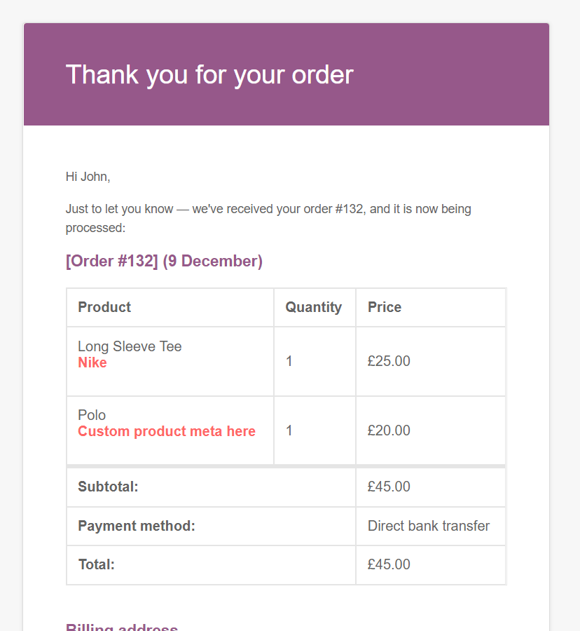 WooCommerce email showing custom product meta field data under the product names