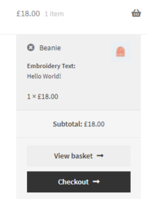 WooCommerce mini cart showing custom product text
