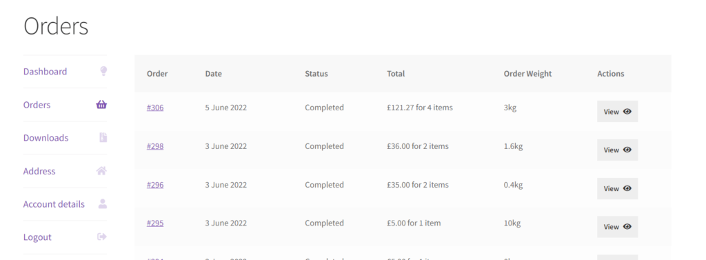 WooCommerce My Account Orders table showing custom column with order weight