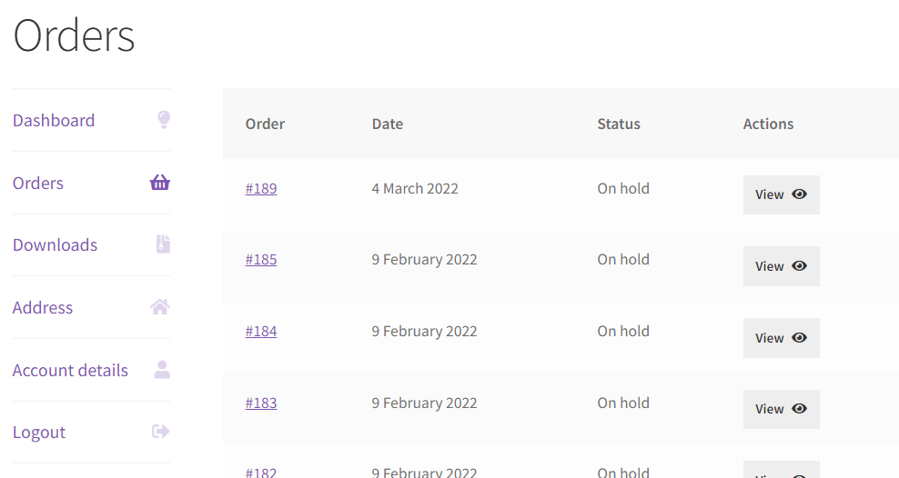 WooCommerce my account orders table without total column