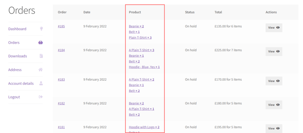 WooCommerce my account view orders showing products column