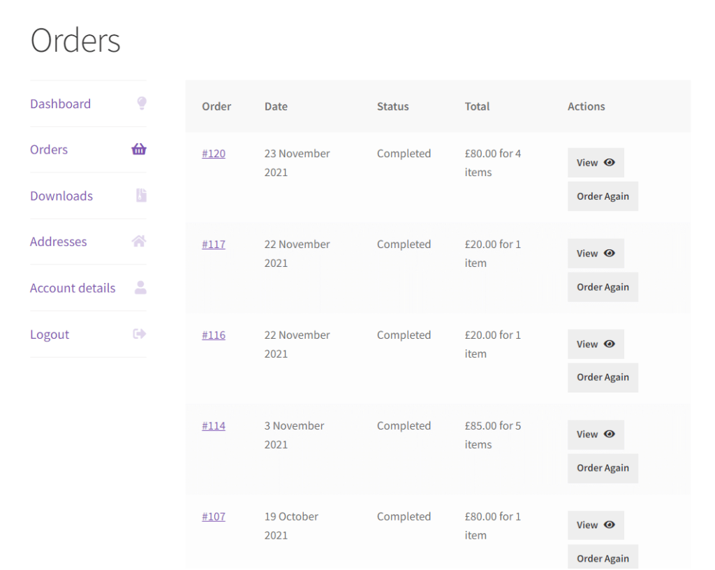 WooCommerce order again button showing in my account order view endpoint table