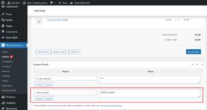 WooCommerce order dashboard showing custom checkout field data as order meta