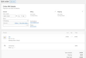 WooCommerce Order Editor Admin Dashboard showing product custom colour field hex meta under the product name as an attribute