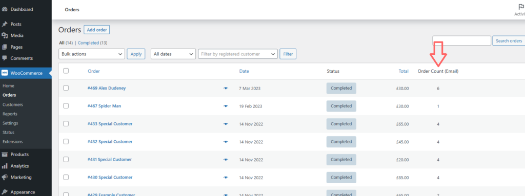 WooCommerce orders table showing column with the total number of orders that customer has made previously