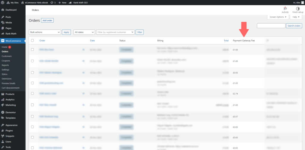 WooCommerce orders table showing custom column