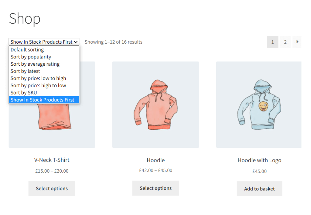 WooCommerce product archive showing in stock products first and custom sorting option