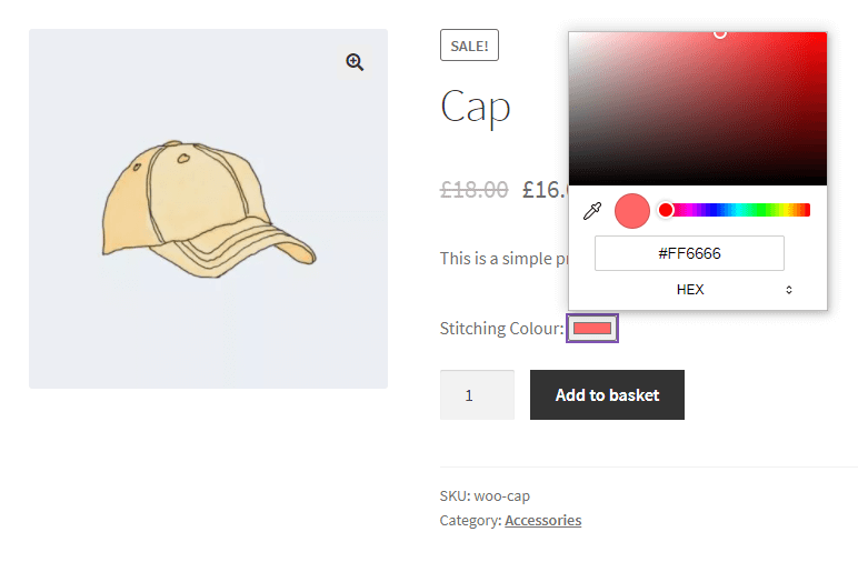 A colour picker on the WooCommerce product page