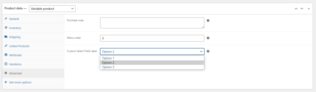 WooCommerce product editor showing a custom drop-down list select box