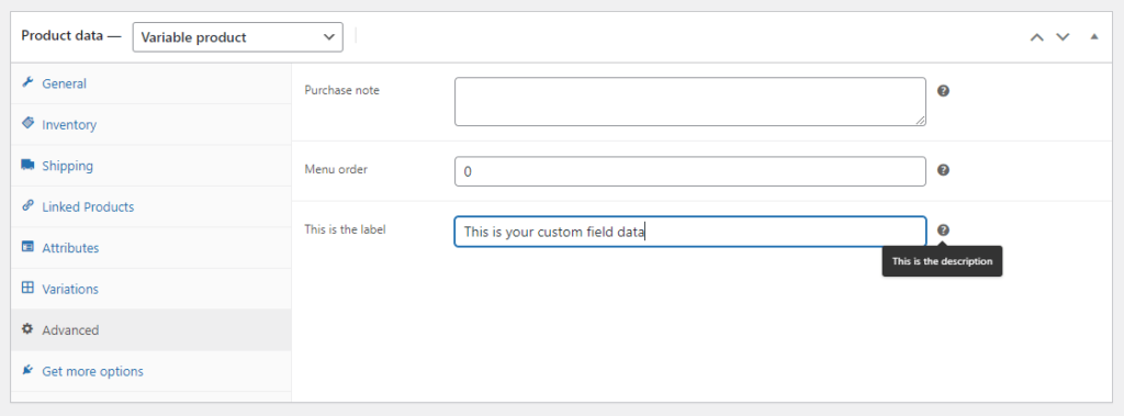 WooCommerce custom text field shown in the product editor