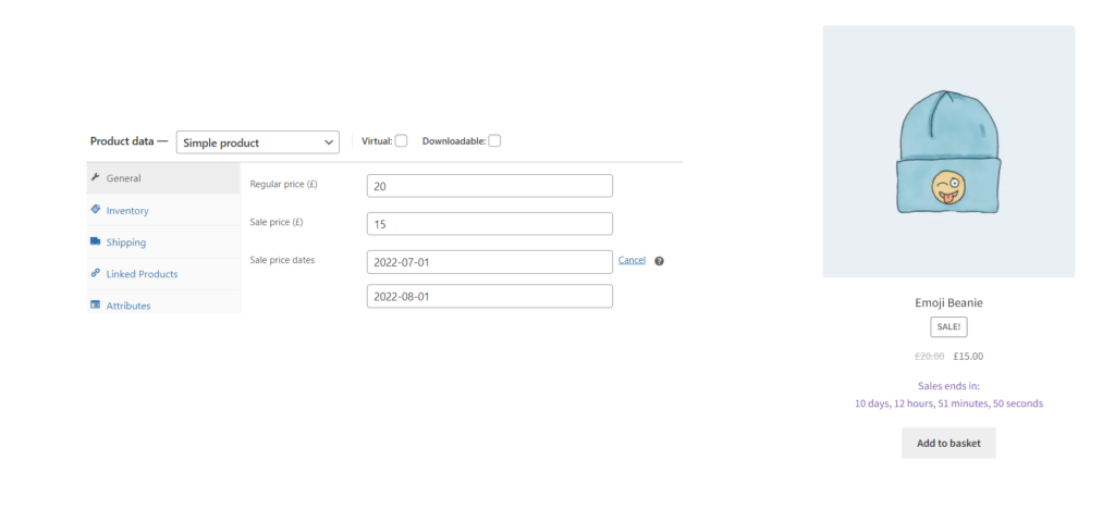 WooCommerce product loop showing countdown timer to sale end date