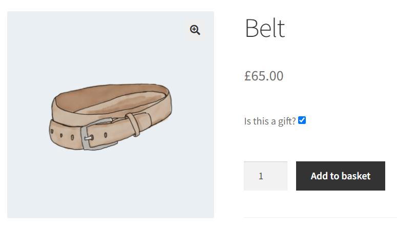 WooCommerce product page showing custom checkbox field