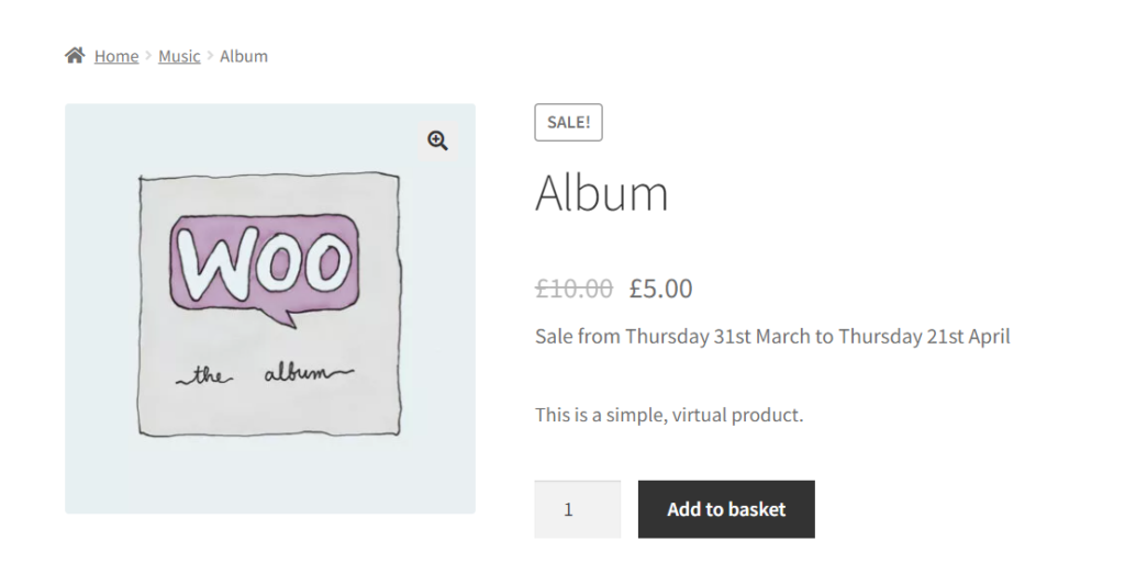 WooCommerce product page showing the sale price dates