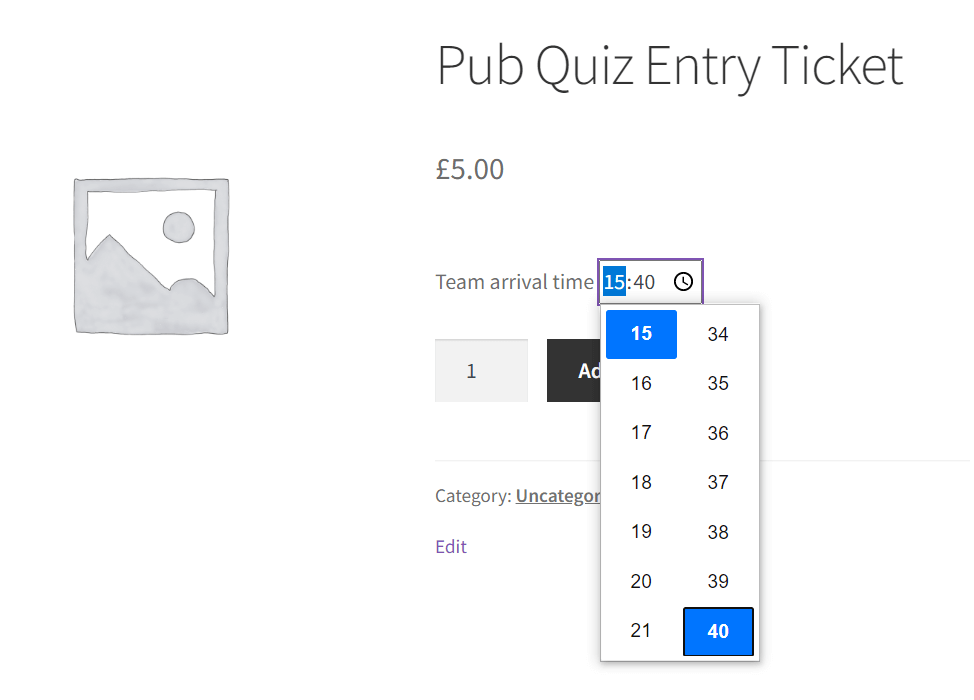WooCommerce product page showing a custom time picker field