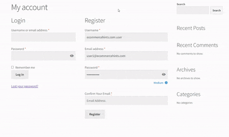 WooCommerce registration form asking user to confirm their email address