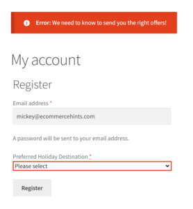 WooCommerce registration form showing an error is the custom select field does not have an option selected