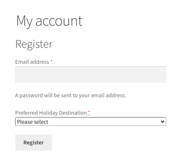 woocommerce registration form showing custom select field