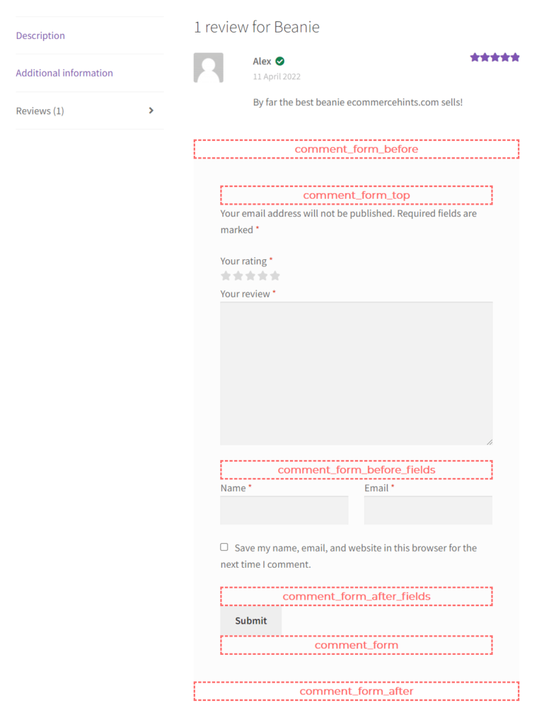 WooCommerce review form showing available hooks