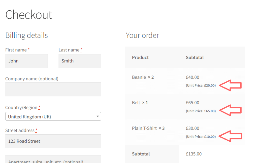 WooCommerce show product unit price on checkout