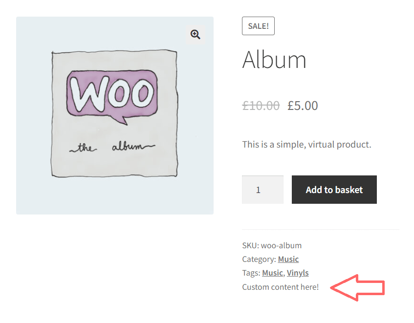 WooCommerce Single Product template showing custom content below product meta data (sku, categories and tags)