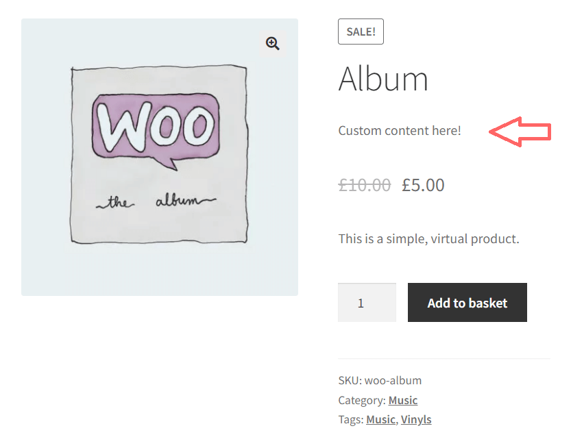 WooCommerce single product page showing custom content between title and price
