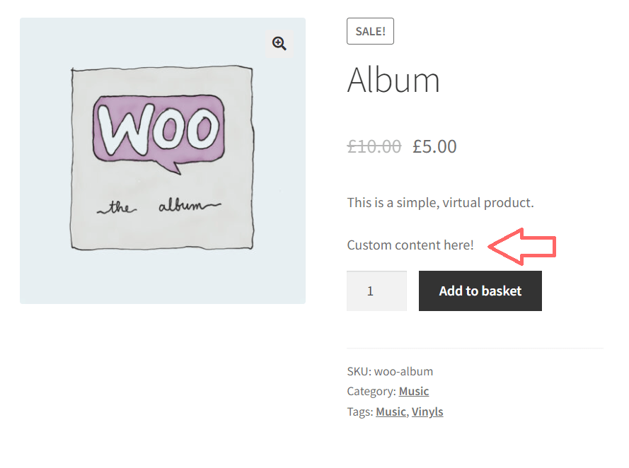 WooCommerce single product template showing custom content between the short description and add to cart form