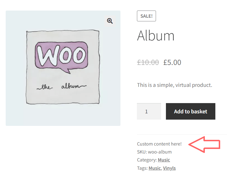 WooCommerce single product template showing custom content above product meta data