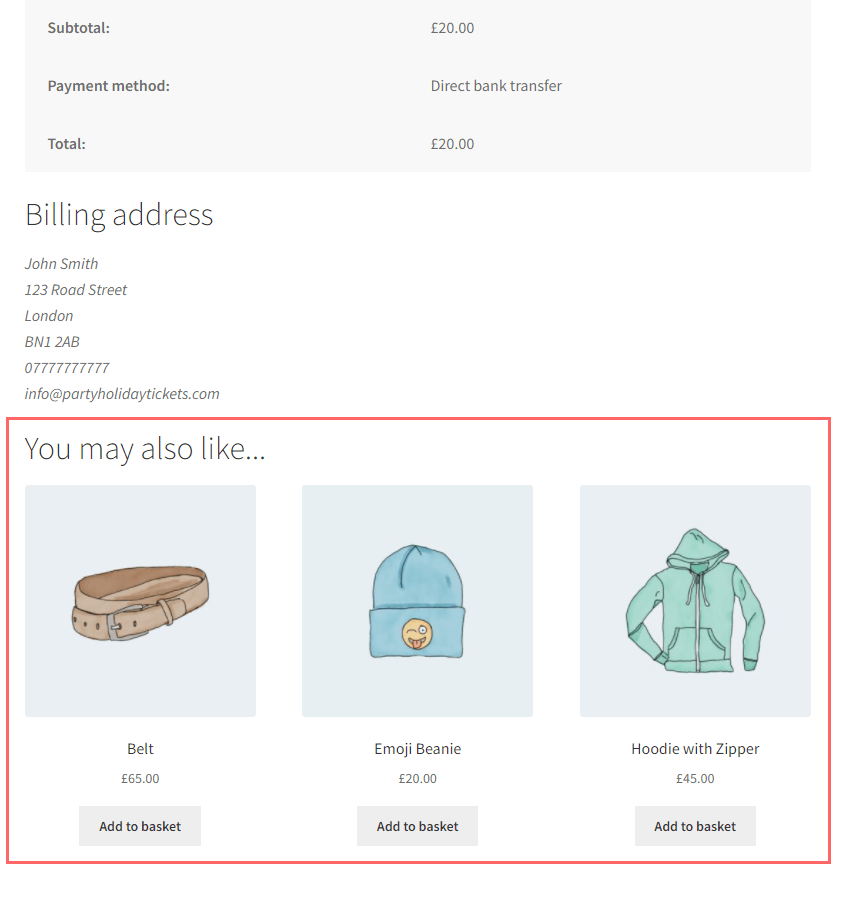 WooCommerce Thank You Page showing product upsells