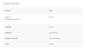 WooCommerce Checkout Page showing product custom colour picker field data under product name