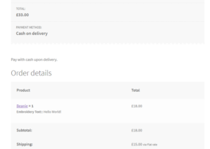 WooCommerce Thank You page showing custom product text