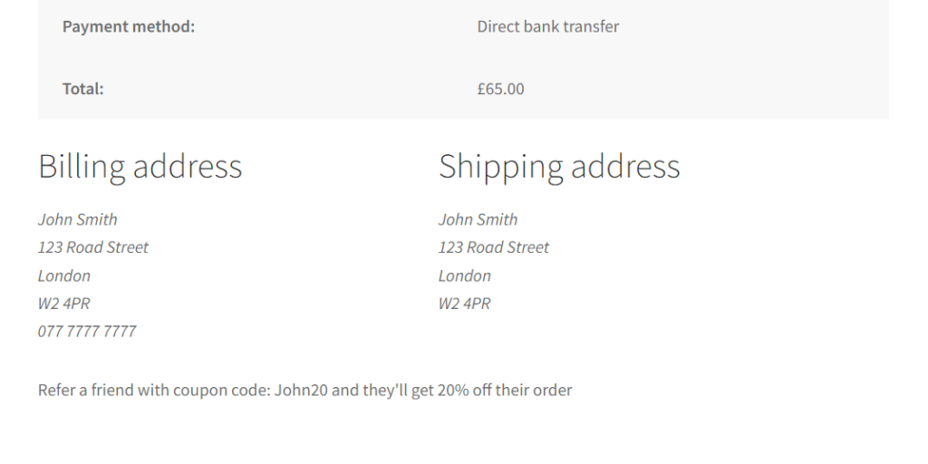WooCommerce thank you page showing custom coupon code automatically generated