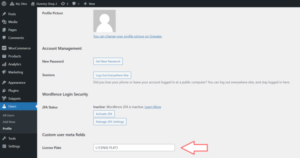 WordPress user editor showing user meta from custom text field on registration form